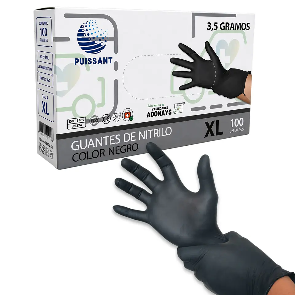 Guante Nitrilo Negro Sin Polvo Box de 1000 Unidades - Puissant 8