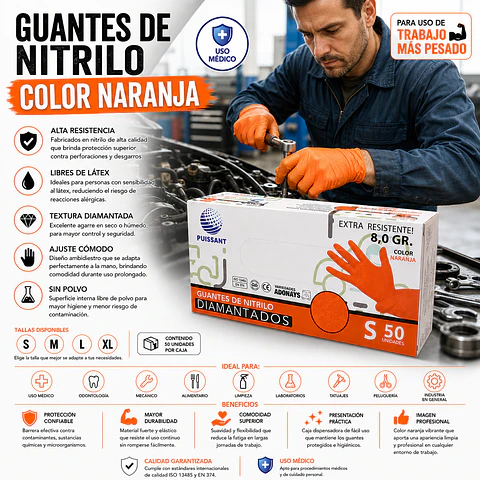 Guantes Nitrilo Texturizado Naranjo Profesional 50 Uni 8,0gr Puissant
