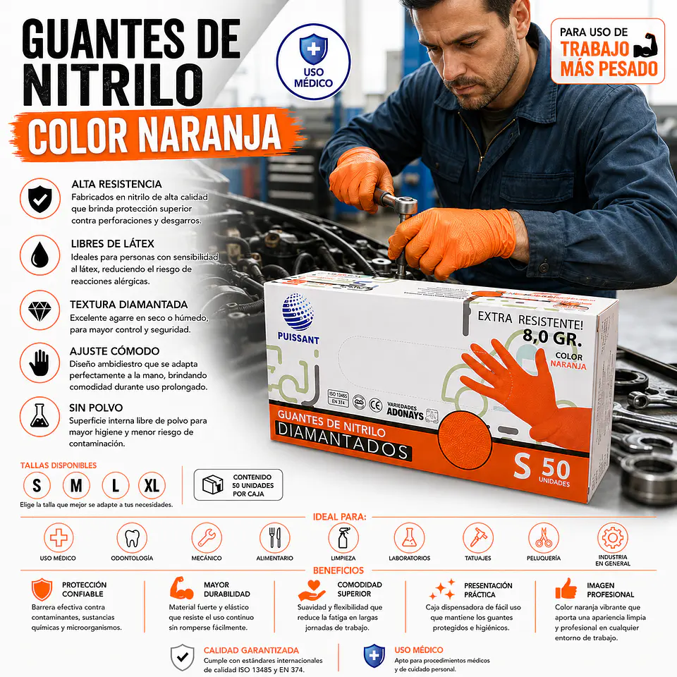 Guantes Nitrilo Texturizado Naranjo Profesional 50 Uni 8,0gr Puissant 1