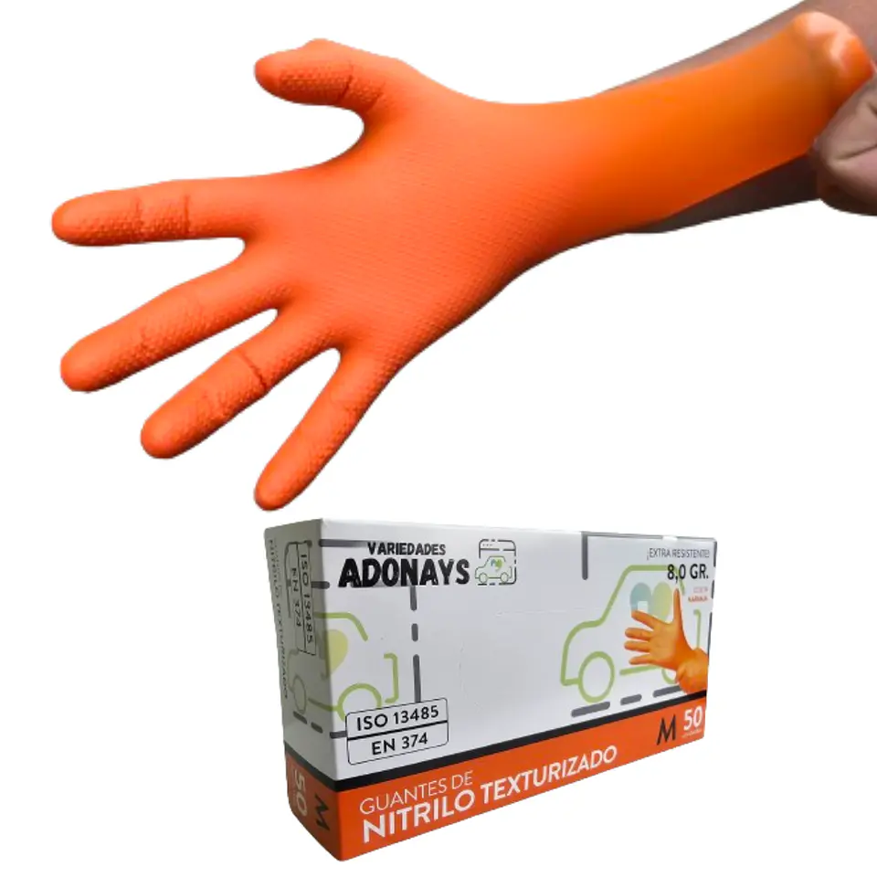 Guantes Nitrilo Texturizado Naranjo Profesional 50 Uni 8,0gr Puissant 3