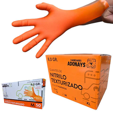 Guantes Nitrilo Texturizado Naranjo Profesional 50 Uni 8,0gr Puissant