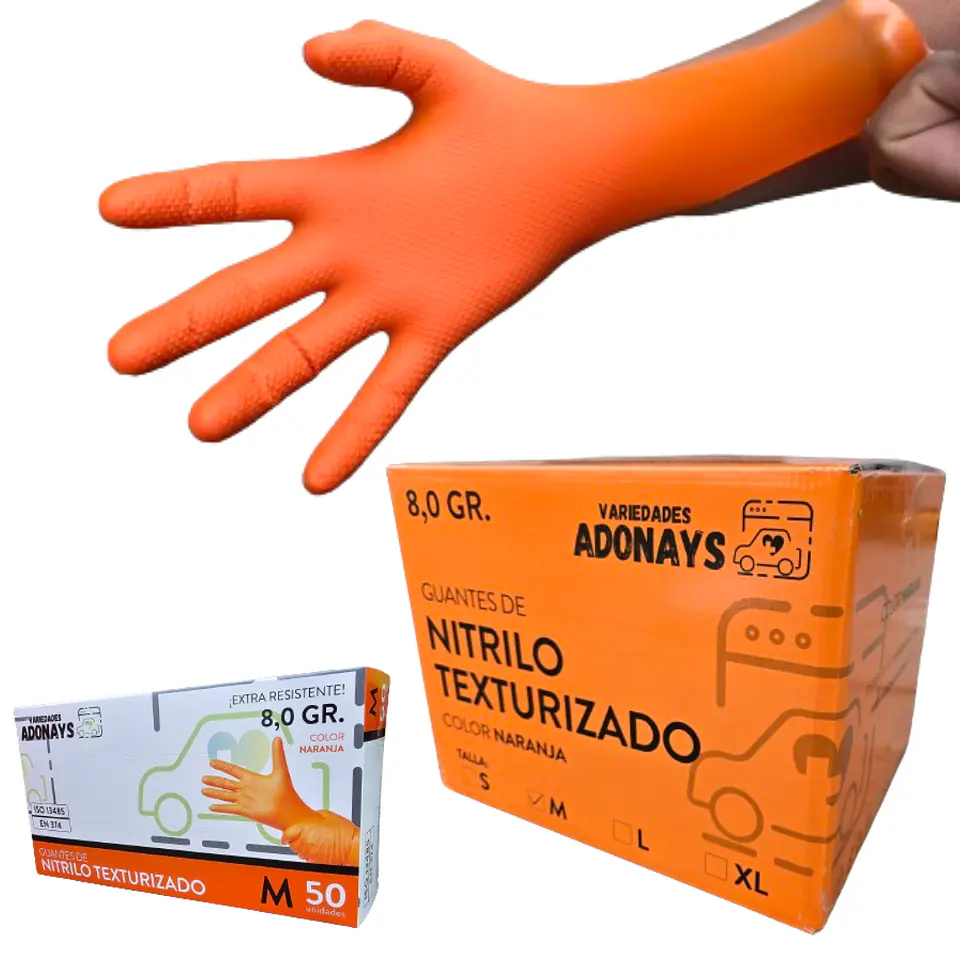 Guantes Nitrilo Texturizado Naranjo Profesional 50 Uni 8,0gr Puissant 2