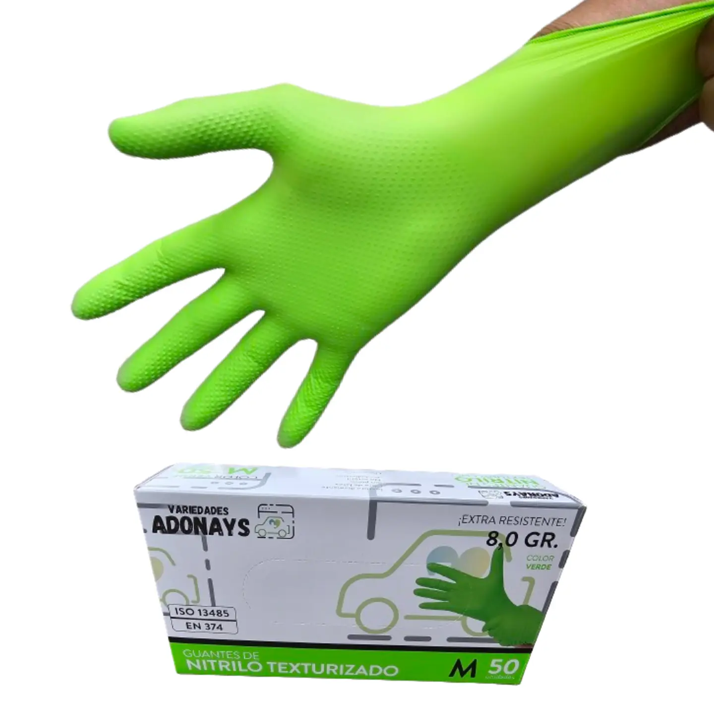 Guantes Nitrilo Texturizado Verde Profesional 50 Uni 8,0gr Puissant 5