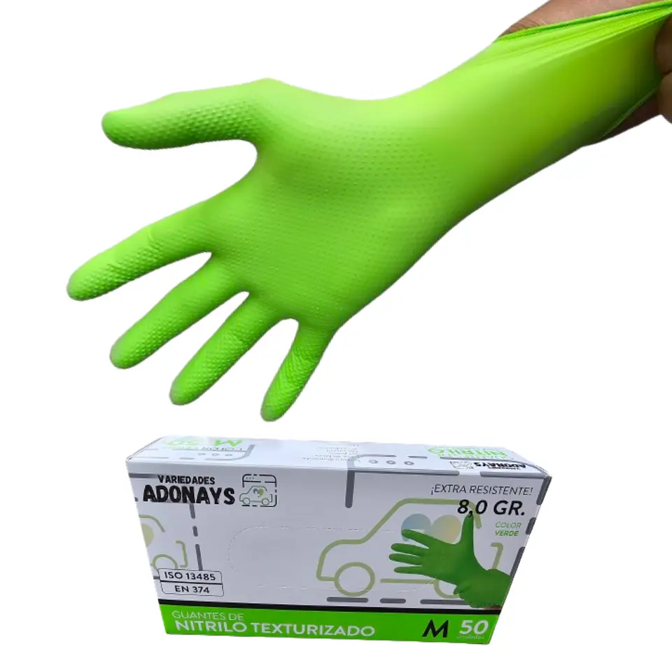 Guantes Nitrilo Texturizado Verde Profesional 50 Uni 8,0gr Puissant 5