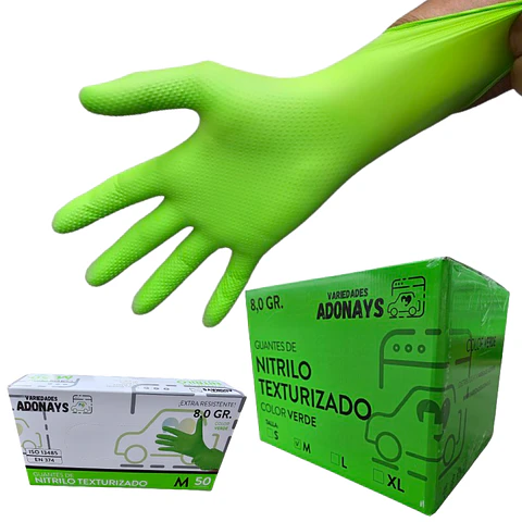 Guantes Nitrilo Texturizado Verde Profesional 50 Uni 8,0gr Puissant