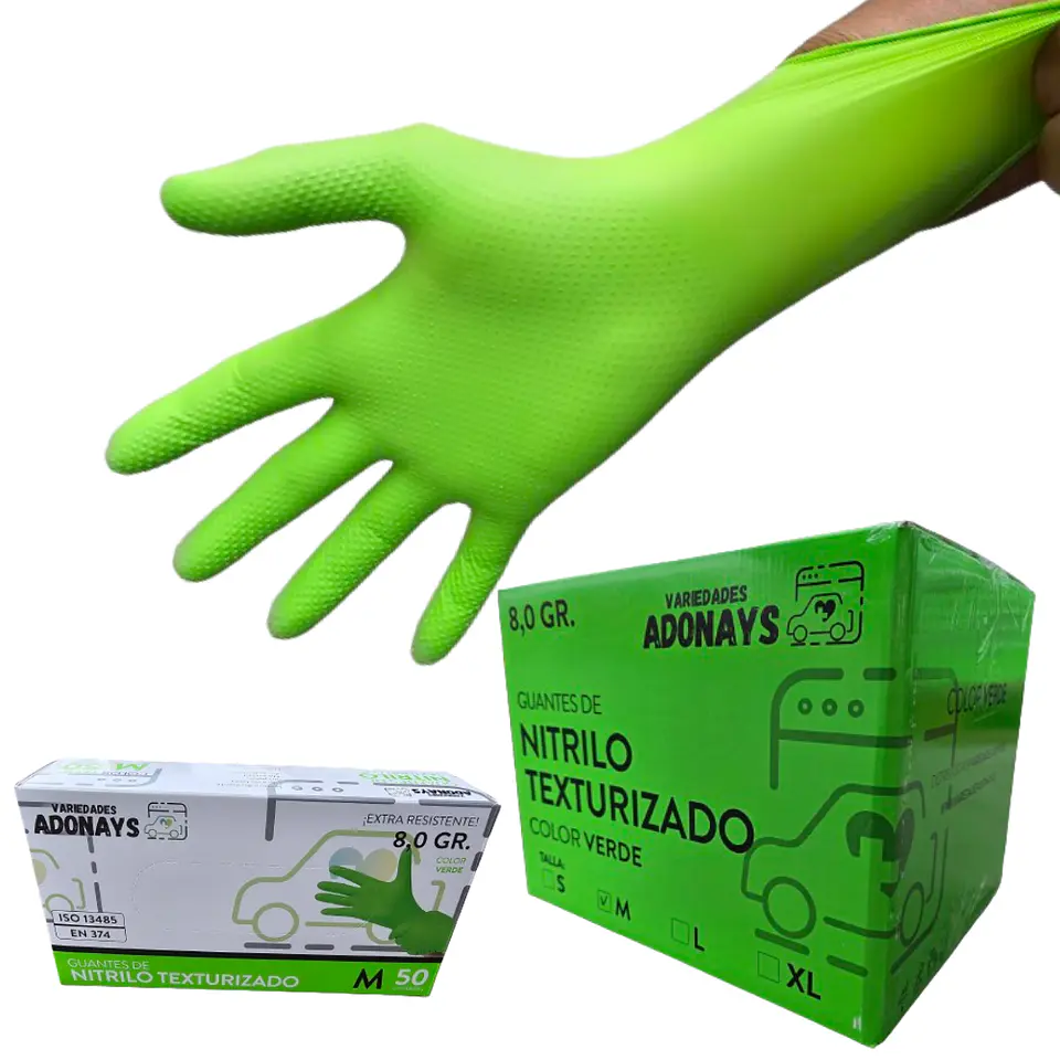 Guantes Nitrilo Texturizado Verde Profesional 50 Uni 8,0gr Puissant 2
