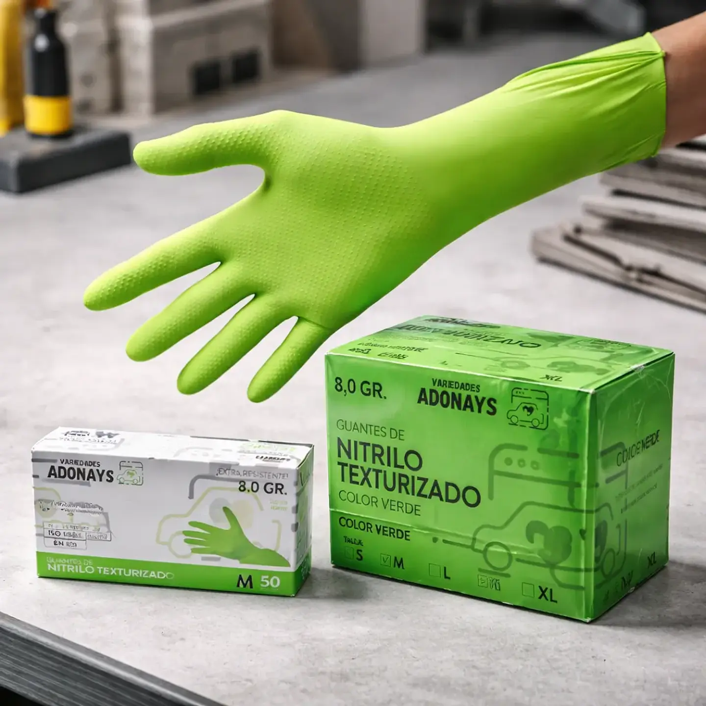 Guantes Nitrilo Texturizado Verde Profesional 50 Uni 8,0gr Puissant 7