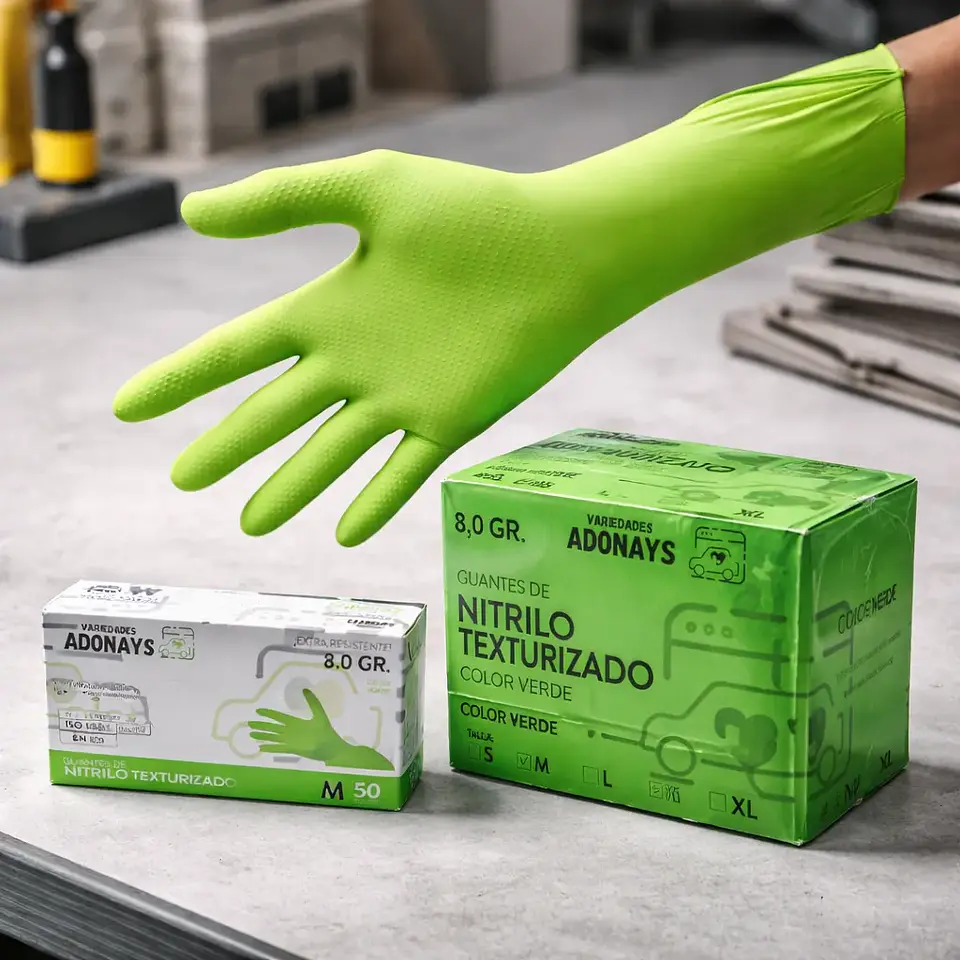 Guantes Nitrilo Texturizado Verde Profesional 50 Uni 8,0gr Puissant 7
