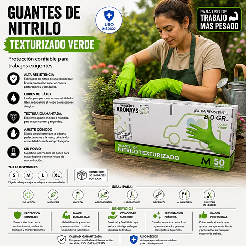 Guantes Nitrilo Texturizado Verde Profesional 50 Uni 8,0gr Puissant