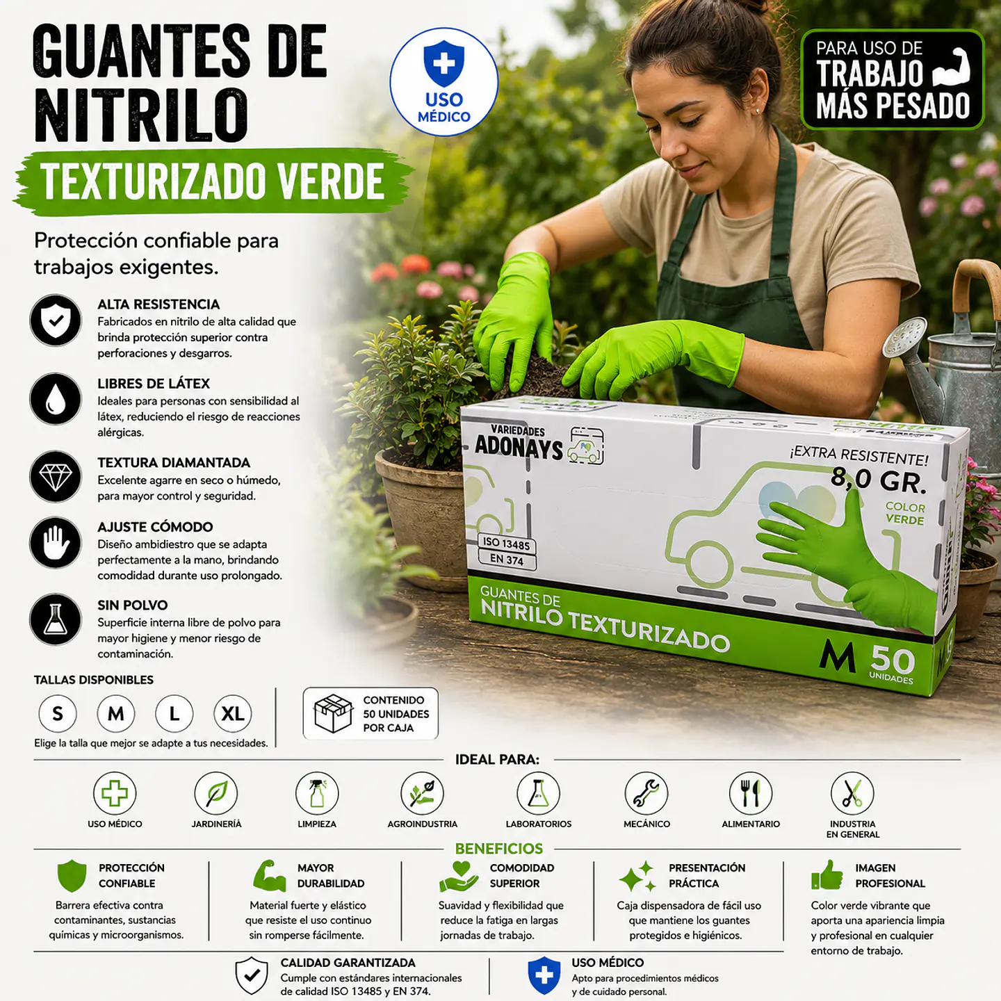 Guantes Nitrilo Texturizado Verde Profesional 50 Uni 8,0gr Puissant 1