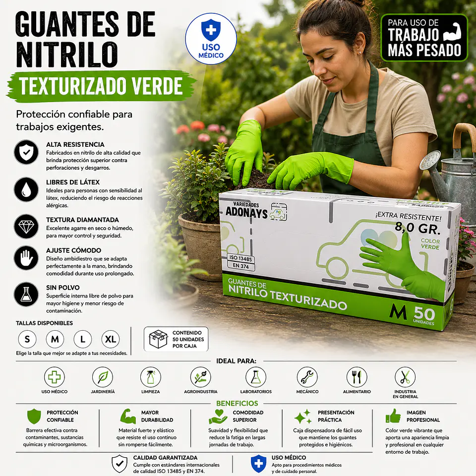 Guantes Nitrilo Texturizado Verde Profesional 50 Uni 8,0gr Puissant 1