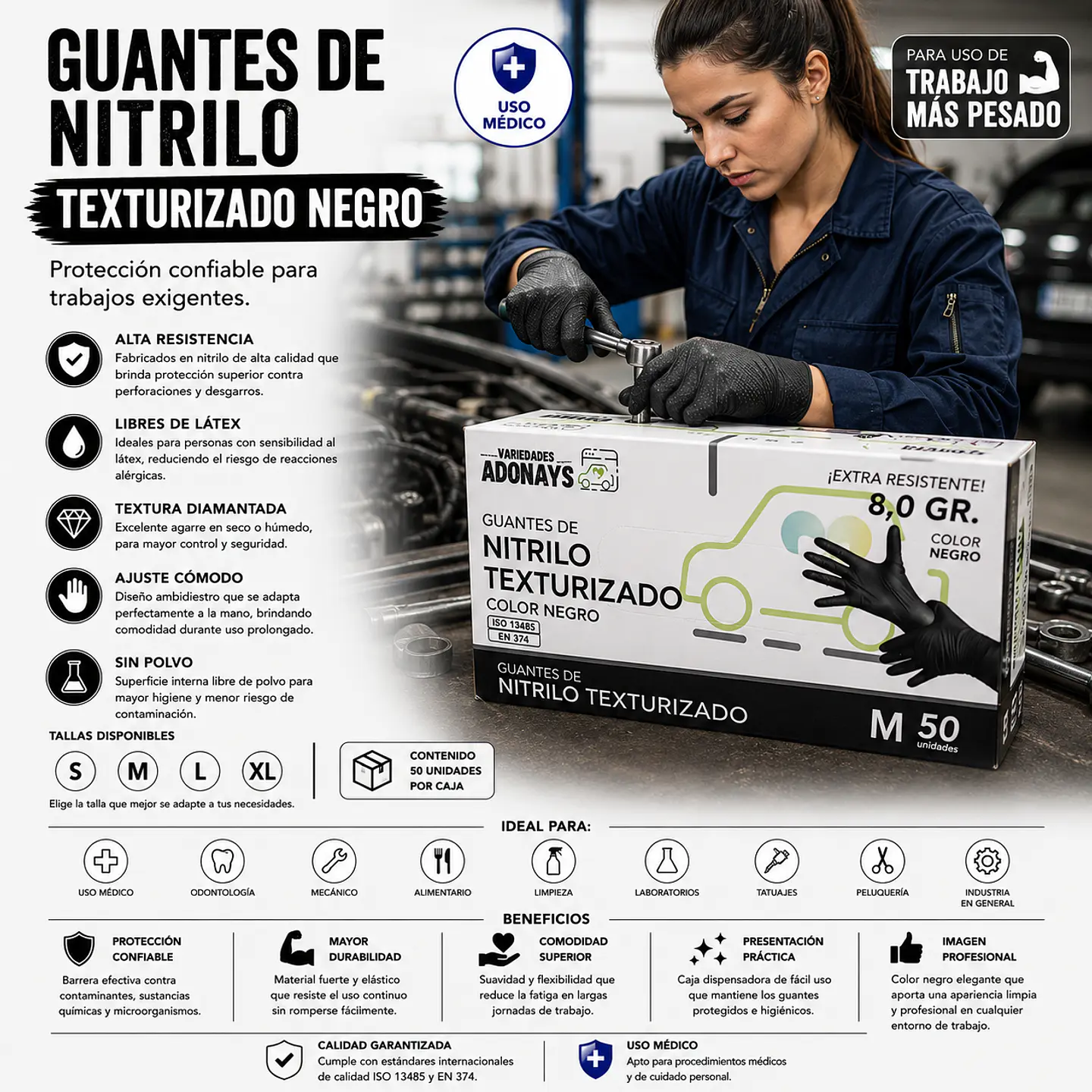Guantes Nitrilo Texturizado Negro Profesional 50 Uni 8,0gr Puissant 1