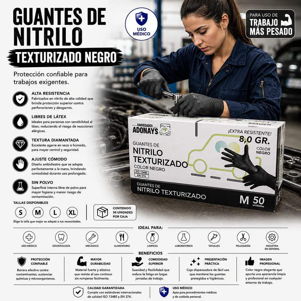 Guantes Nitrilo Texturizado Negro Profesional 50 Uni 8,0gr Puissant 1