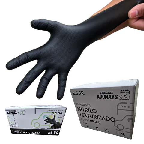 Guantes Nitrilo Texturizado Negro Profesional 50 Uni 8,0gr Puissant