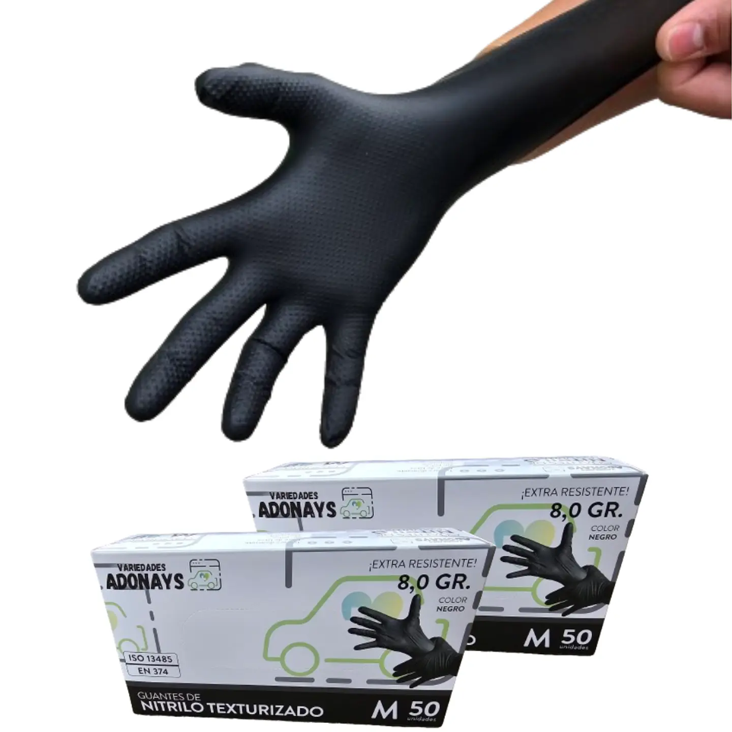 Guantes Nitrilo Texturizado Negro Profesional 50 Uni 8,0gr Puissant 4