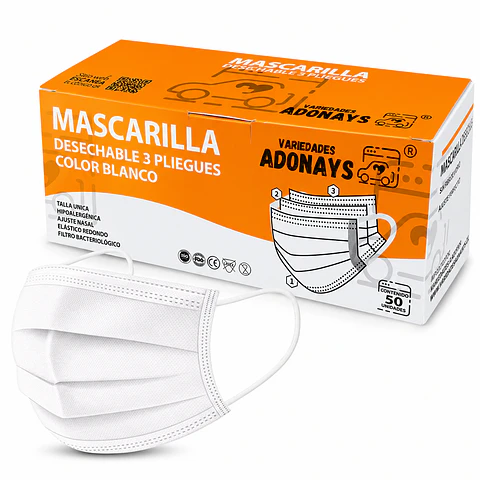 Mascarilla Desechable 3 Pliegues Color Blanco – Embalaje 2.000 Unidades (40 Cajas x 50 Unidades)