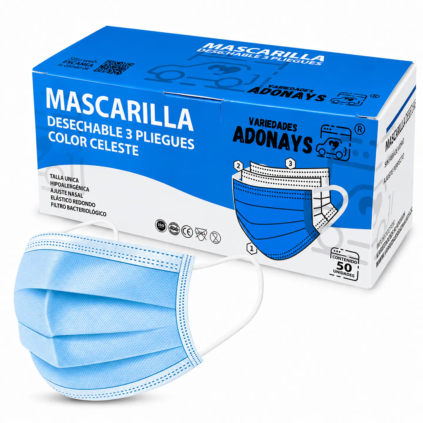 Mascarilla Desechable 3 Pliegues Color Azul – Embalaje 2.000 Unidades (40 Cajas x 50 Unidades) 6