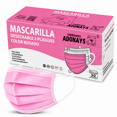 Mascarilla Desechable 3 Pliegues Color Rosado – Embalaje 2.000 Unidades (40 Cajas x 50 Unidades)