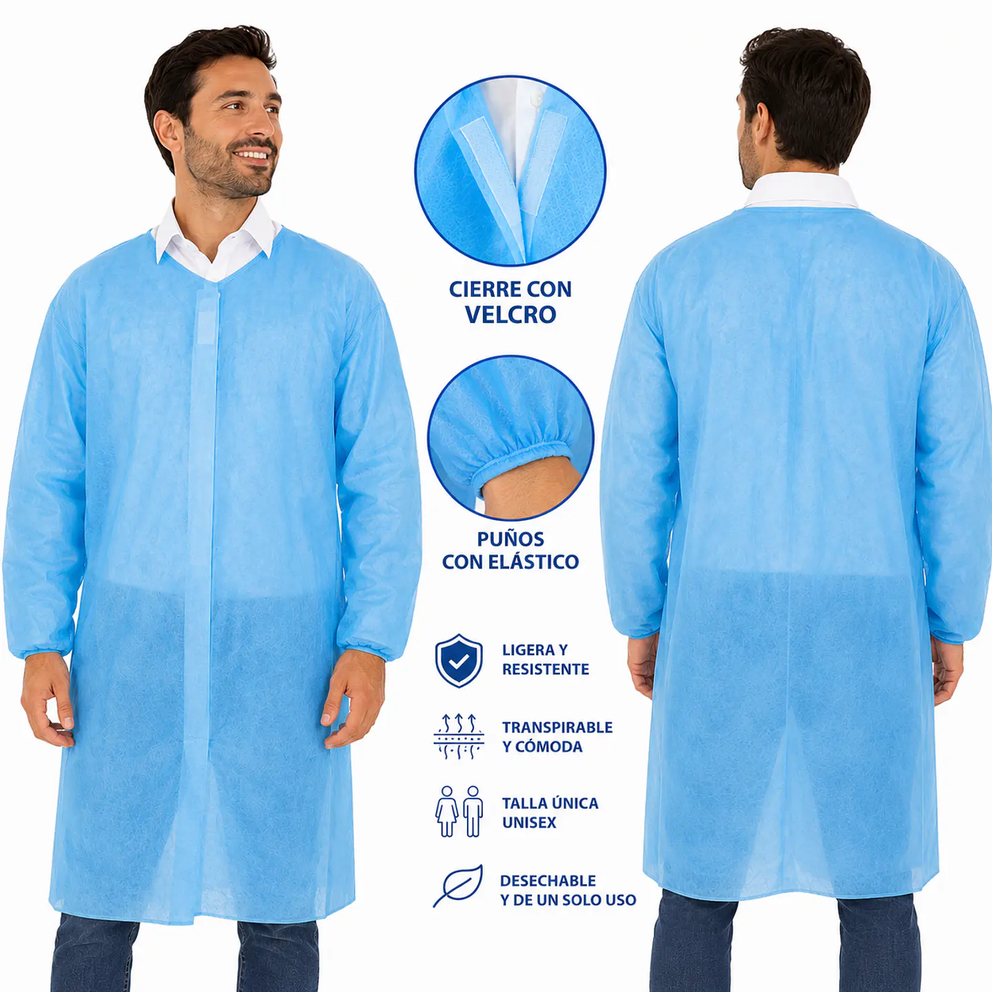 Cotona de Visita Desechable Color Azul con Velcro – Embalaje 100 Unidades 2