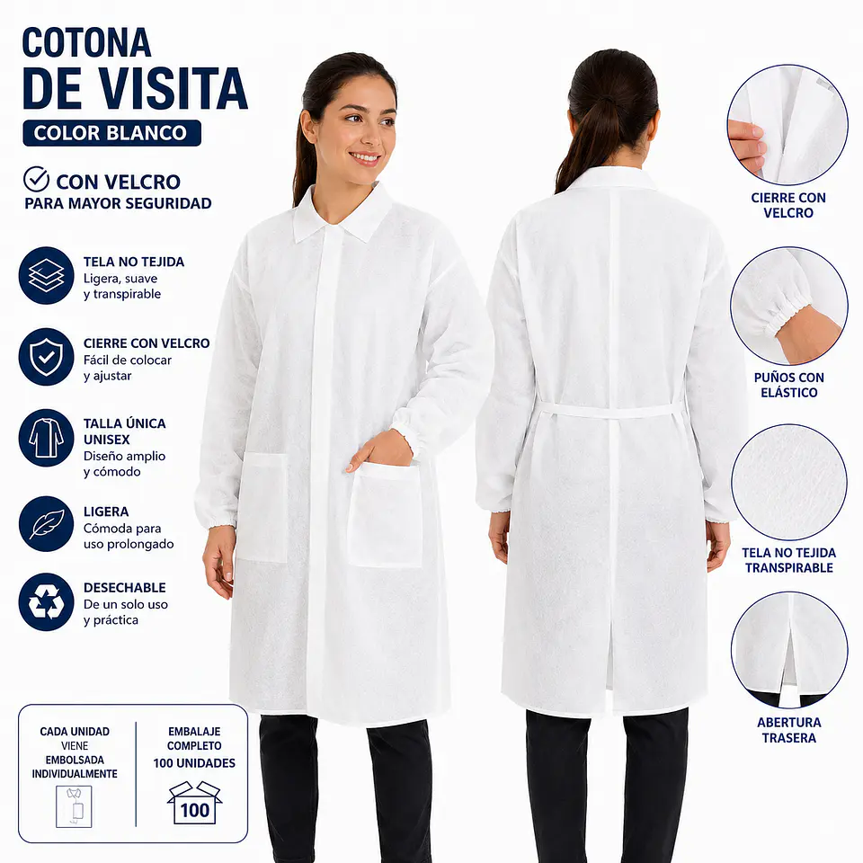 Cotona de Visita Desechable Color Blanco con Velcro – Embalaje 100 Unidades 2