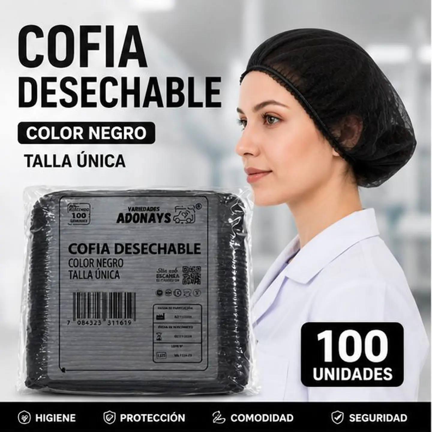 Cofia Desechable de Color Negro – Embalaje 1.000 Unidades (10 Paquetes x 100 Unidades) 1