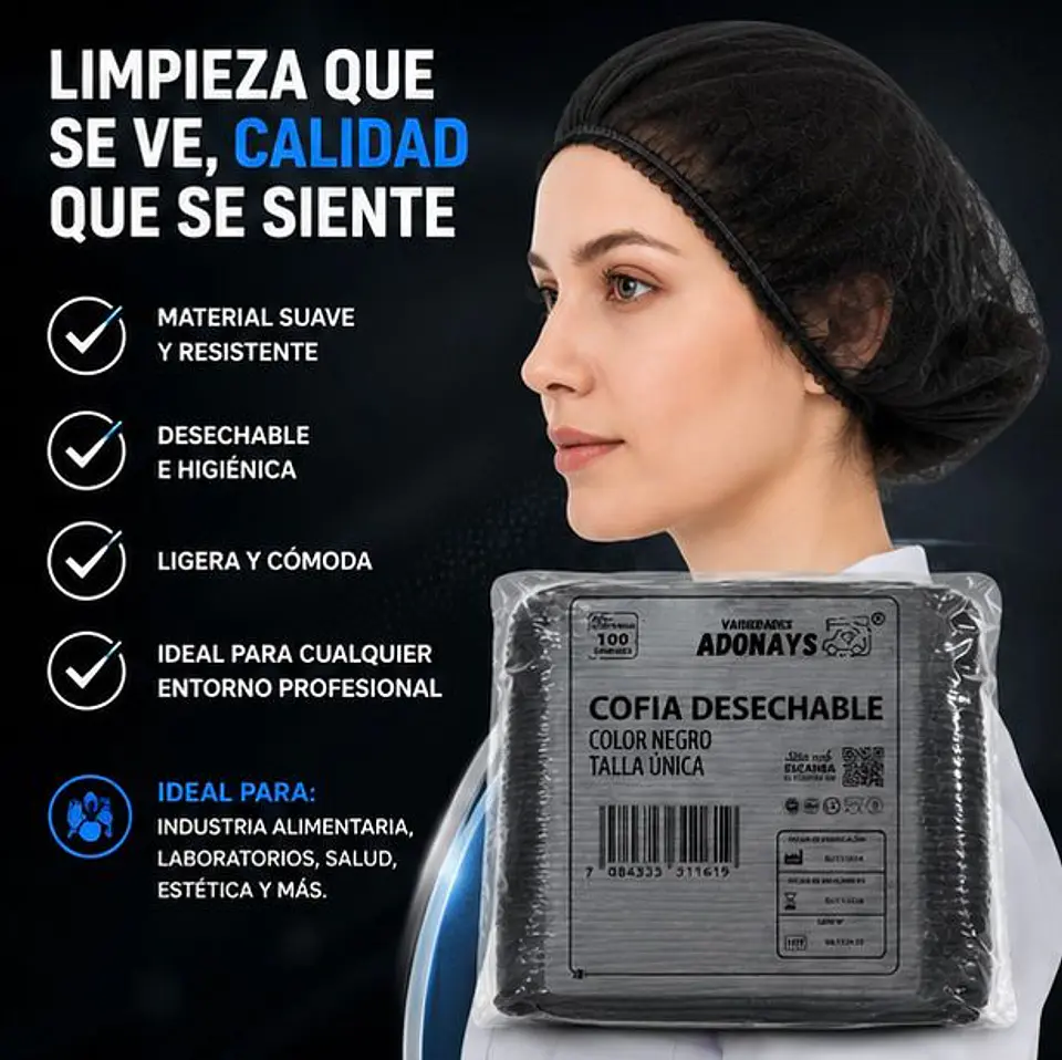 Cofia Desechable de Color Negro – Embalaje 1.000 Unidades (10 Paquetes x 100 Unidades) 3