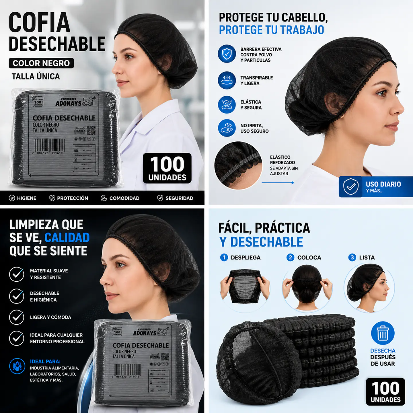 Cofia Desechable de Color Negro – Embalaje 1.000 Unidades (10 Paquetes x 100 Unidades) 5