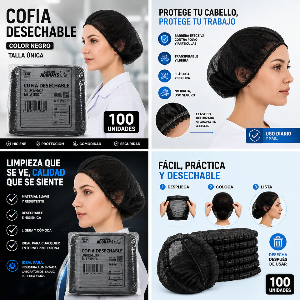 Cofia Desechable de Color Negro – Embalaje 1.000 Unidades (10 Paquetes x 100 Unidades) 5