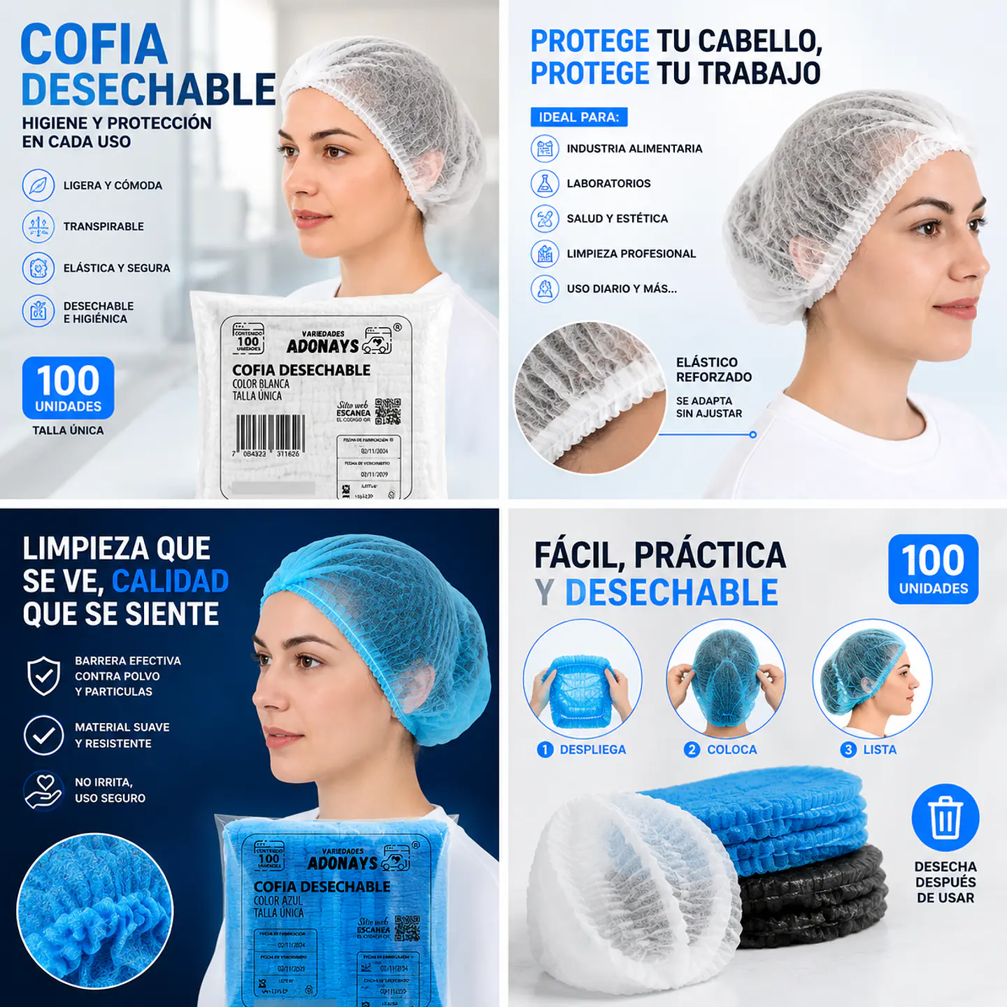 Cofia Desechable Color Blanca – Embalaje 1.000 Unidades (10 Paquetes x 100 Unidades) 7