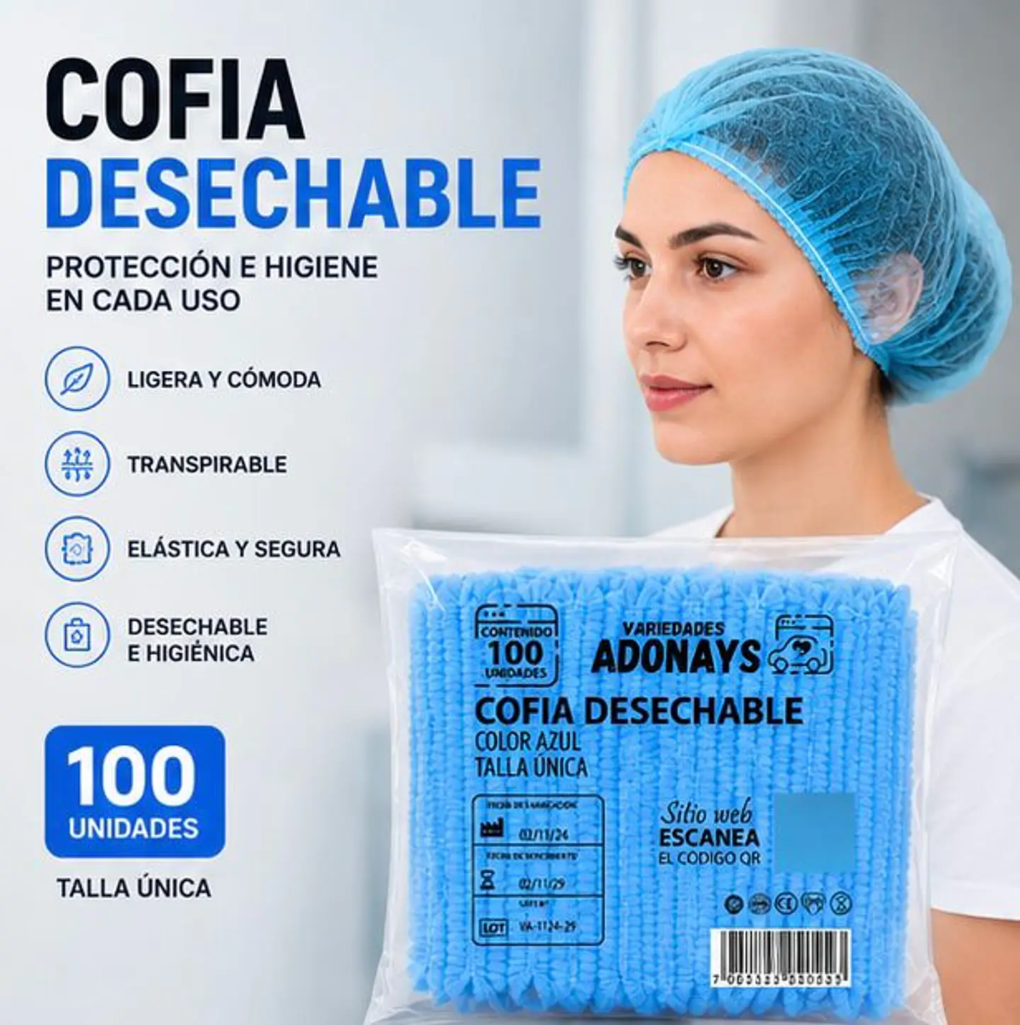 Cofia Desechable Color Azul – Embalaje 1.000 Unidades (10 Paquetes x 100 Unidades) 1