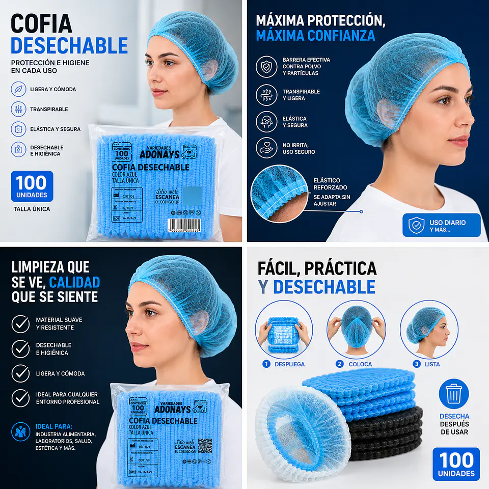 Cofia Desechable Color Azul – Embalaje 1.000 Unidades (10 Paquetes x 100 Unidades) 5