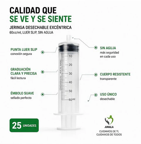 Jeringa 60ml Excéntrica Estéril Sin Aguja Jumala – Embalaje 400 Unidades (16 Paquetes x 25 Unidades)