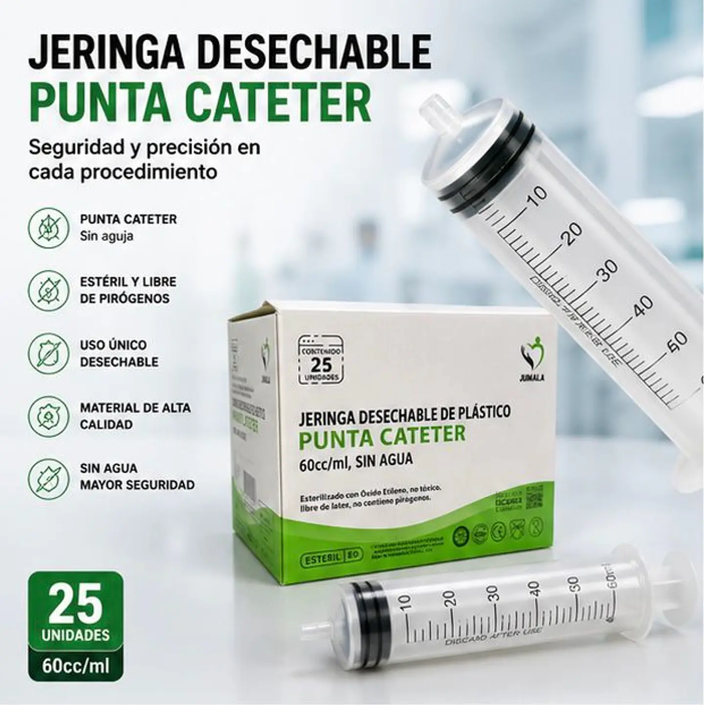 Jeringa 60ml Cateter Sin Aguja Jumala - Embalaje 400 Unidades (16 Paquetes x 25 Unidades) 1