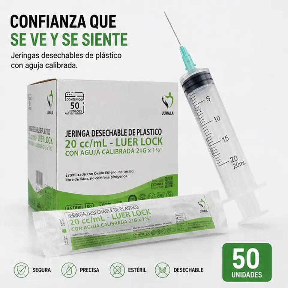 Jeringa 20ml Luer Lock 21G x 1½ Jumala – Embalaje 800 Unidades (16 Paquetes x 50 Unidades) 2