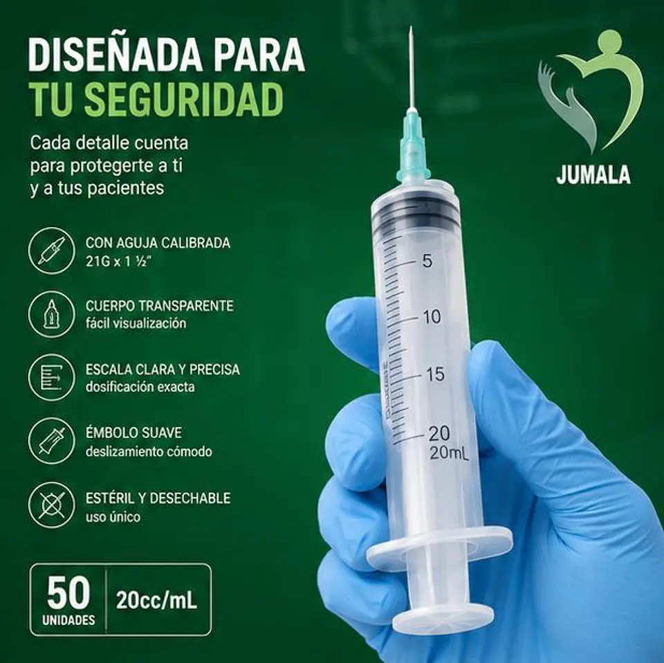 Jeringa 20ml Luer Lock 21G x 1½ Jumala – Embalaje 800 Unidades (16 Paquetes x 50 Unidades) 3