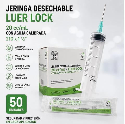 Jeringa 20ml Luer Lock 21G x 1½ Jumala – Embalaje 800 Unidades (16 Paquetes x 50 Unidades)