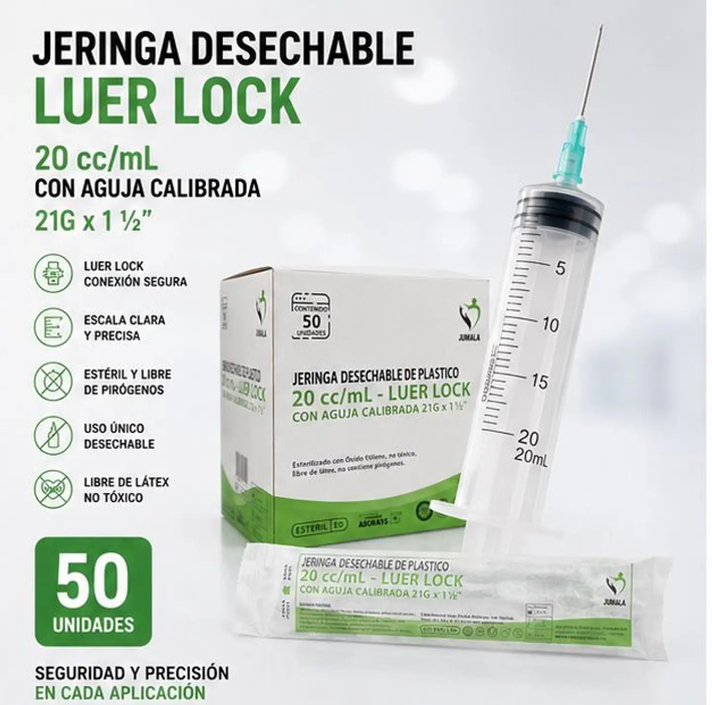 Jeringa 20ml Luer Lock 21G x 1½ Jumala – Embalaje 800 Unidades (16 Paquetes x 50 Unidades) 1