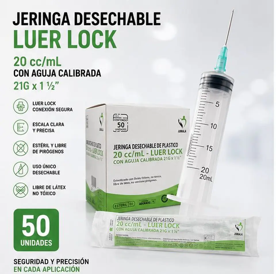 Jeringa 20ml Luer Lock 21G x 1½ Jumala – Embalaje 800 Unidades (16 Paquetes x 50 Unidades) 1
