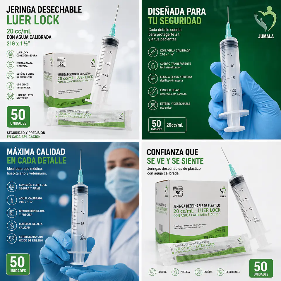 Jeringa 20ml Luer Lock 21G x 1½ Jumala – Embalaje 800 Unidades (16 Paquetes x 50 Unidades) 7