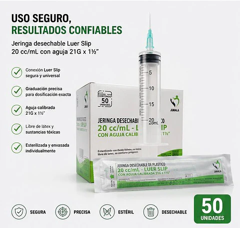 Jeringa 20ml Luer Slip 21G x 1½ Jumala – Embalaje 800 Unidades (16 Paquetes x 50 Unidades)