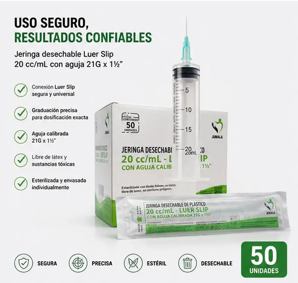 Jeringa 20ml Luer Slip 21G x 1½ Jumala – Embalaje 800 Unidades (16 Paquetes x 50 Unidades) 2
