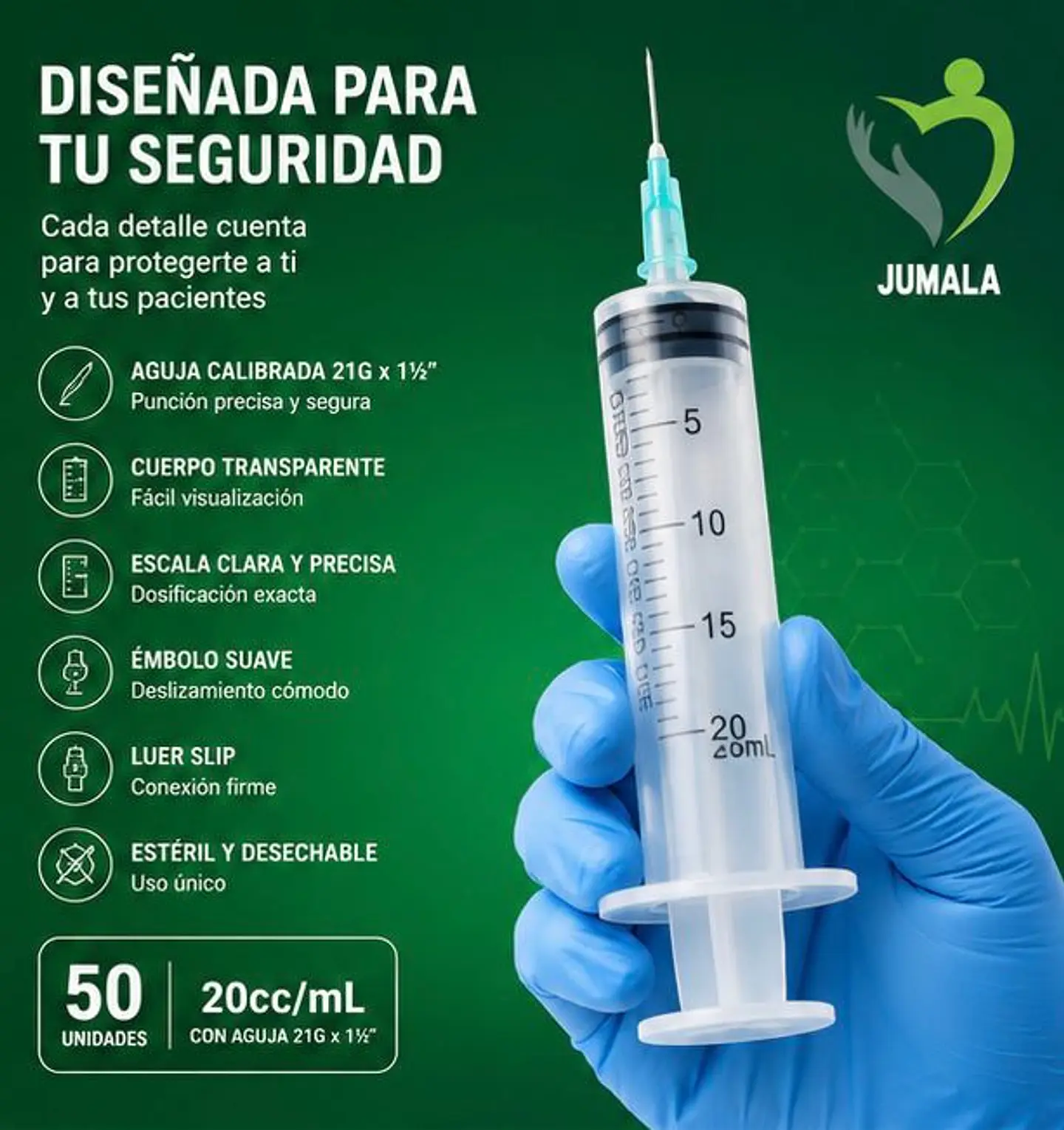 Jeringa 20ml Luer Slip 21G x 1½ Jumala – Embalaje 800 Unidades (16 Paquetes x 50 Unidades) 3