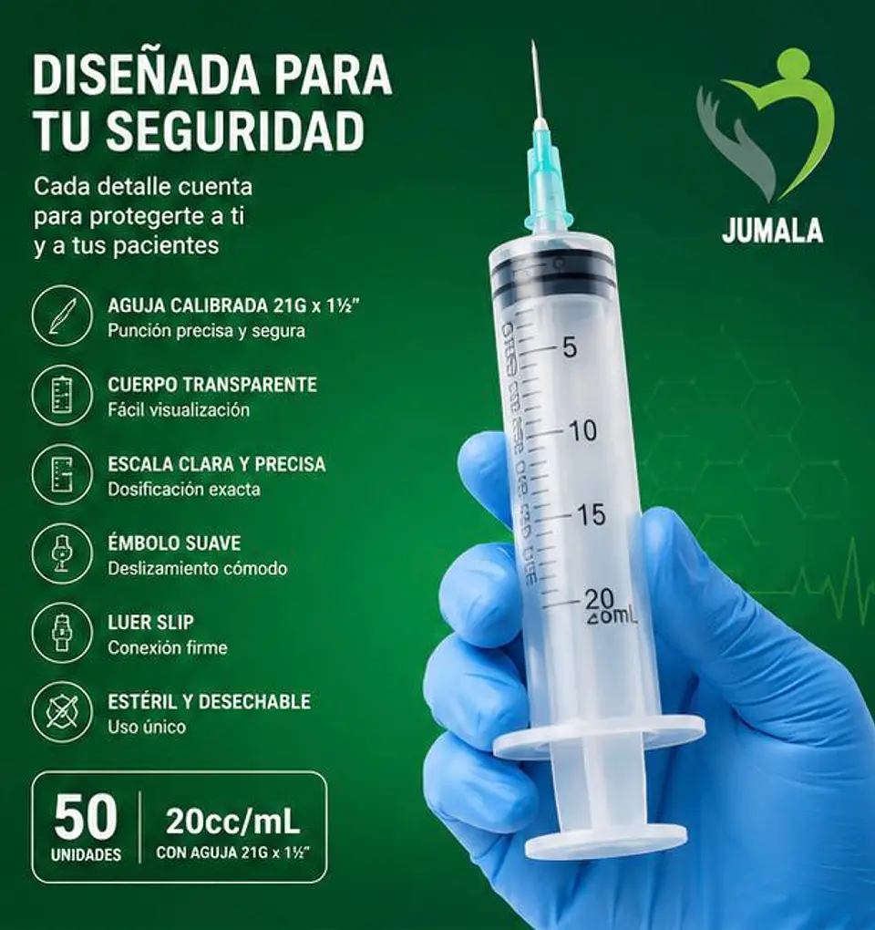 Jeringa 20ml Luer Slip 21G x 1½ Jumala – Embalaje 800 Unidades (16 Paquetes x 50 Unidades) 3
