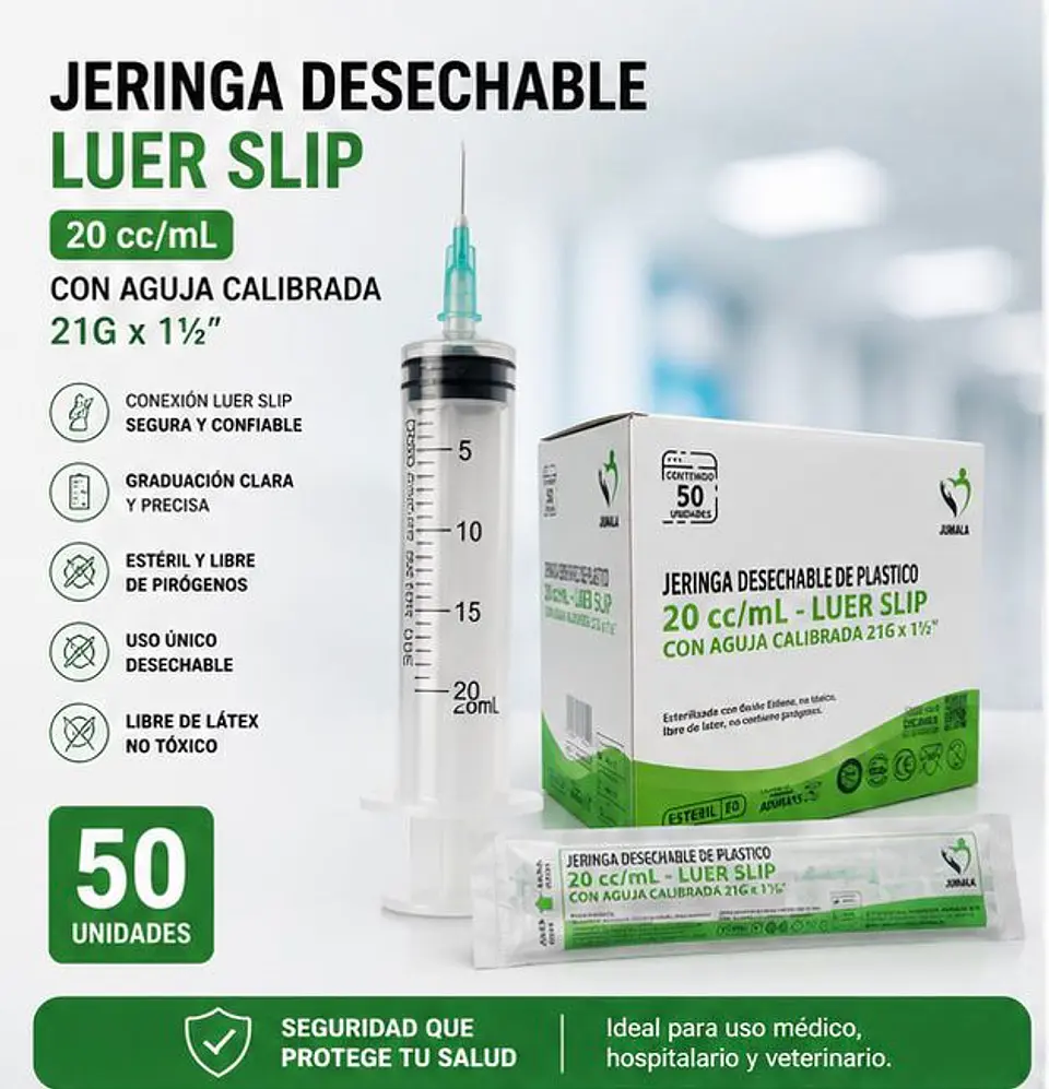 Jeringa 20ml Luer Slip 21G x 1½ Jumala – Embalaje 800 Unidades (16 Paquetes x 50 Unidades) 1