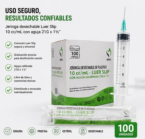 Jeringa 10ml Luer Slip con Aguja 21G x 1½" Jumala – Embalaje 1.200 Unidades (12 Paquetes x 100 Unidades)