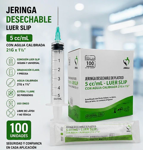 Jeringa 5ml Luer Slip con Aguja 21G x 1½" Jumala – Embalaje 1.800 Unidades (18 Cajas x 100 Unidades)
