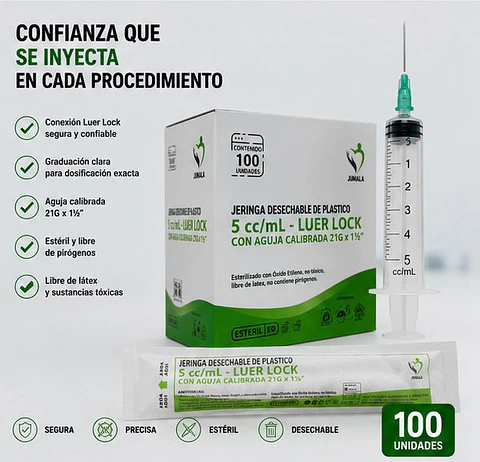 Jeringa 5ml Luer Lock con Aguja 21G x 1½" Jumala – Embalaje 1.800 Unidades (18 Cajas x 100 Unidades)
