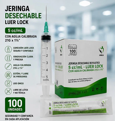 Jeringa 5ml Luer Lock con Aguja 21G x 1½" Jumala – Embalaje 1.800 Unidades (18 Cajas x 100 Unidades)