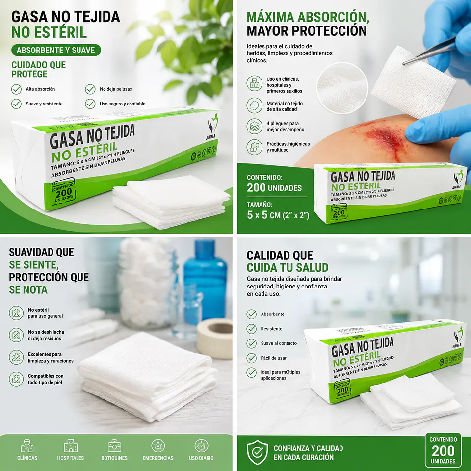 Gasa No Tejida No Estéril 5 x 5 cm 4 Pliegues Jumala – Embalaje 40.000 Unidades (200 Paquetes x 200 Unidades) 5