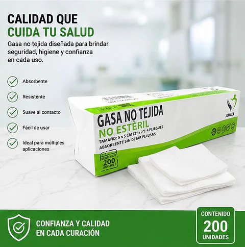 Gasa No Tejida No Estéril 5 x 5 cm 4 Pliegues Jumala – Embalaje 40.000 Unidades (200 Paquetes x 200 Unidades)